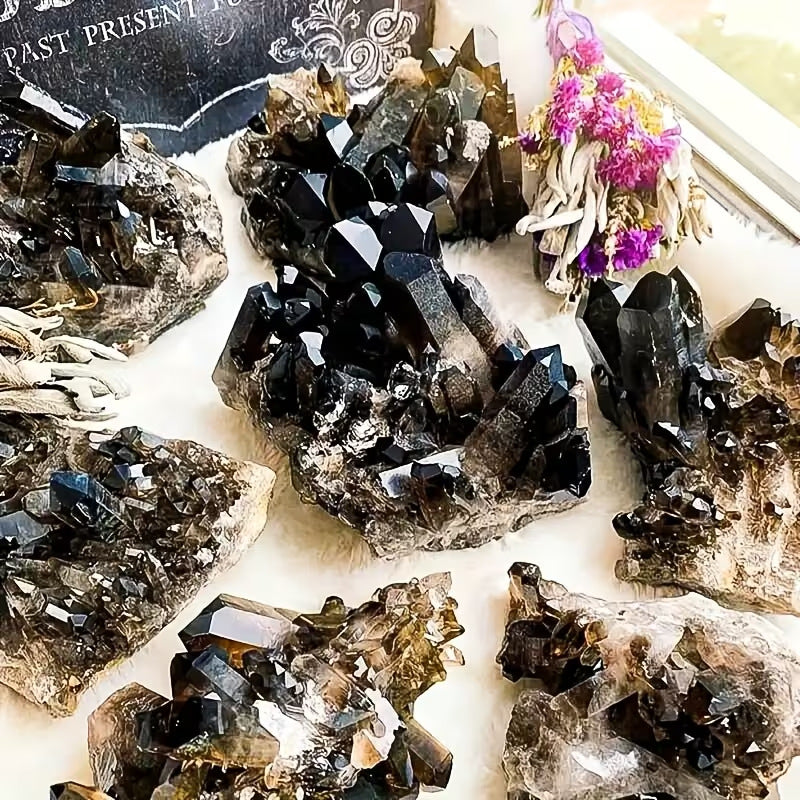 Smoky Quartz Cluster Decor Specimen, Black Crystal Cluster, Removable Wooden Stand or Rock Base, Home Display Ornament