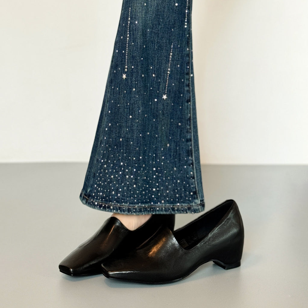 Square Toe V‑Cut Wedge Loafer Pumps, Soft Leather Slip‑On Low Wedge Heel Dress Shoes for Women
