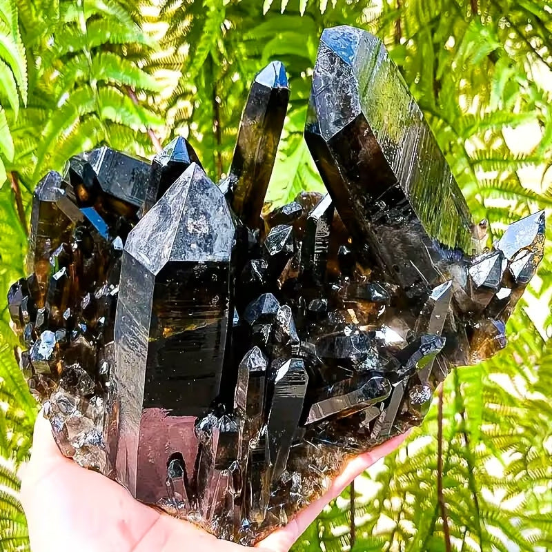 Smoky Quartz Cluster Decor Specimen, Black Crystal Cluster, Removable Wooden Stand or Rock Base, Home Display Ornament