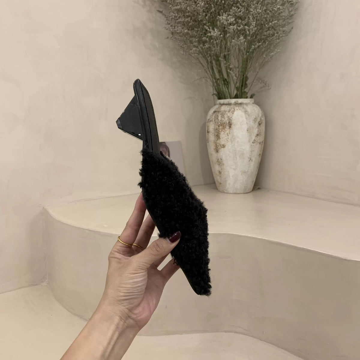 Women's Fuzzy Teddy Mules Slides, Pointed Toe Block Low Heel Backless Mules, Furry Slip‑On Slipper Heels, Fall Winter Dress Party Mules Black Cream Pink