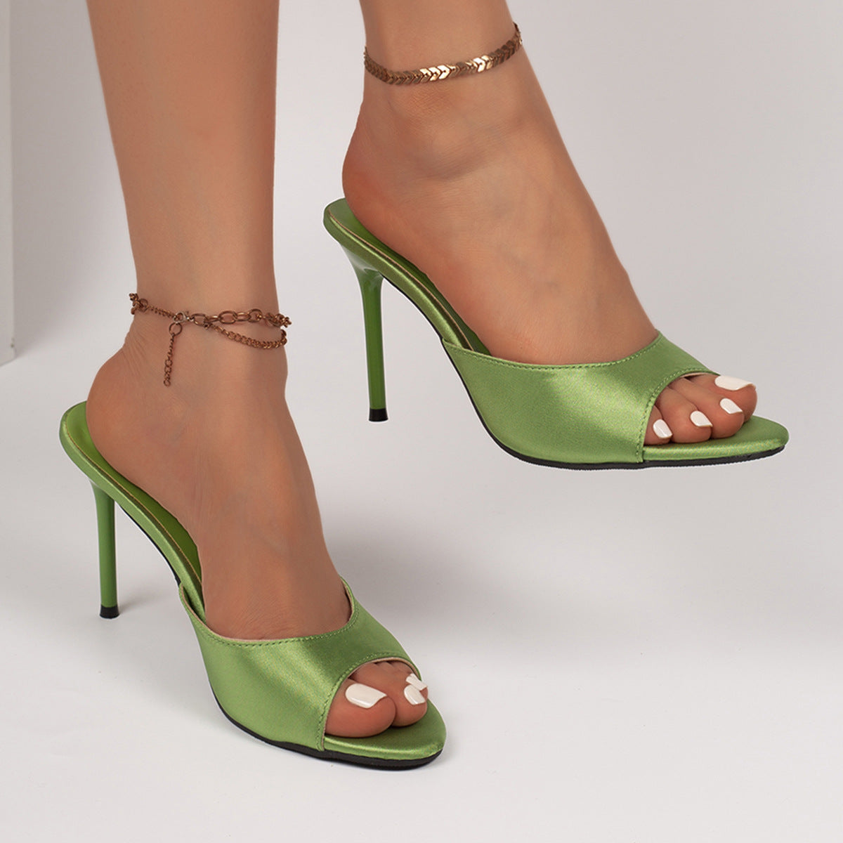 Satin Peep Toe High Heel Mules, Slip‑On Stiletto Heeled Slide Sandals For Women Party Evening Shoes