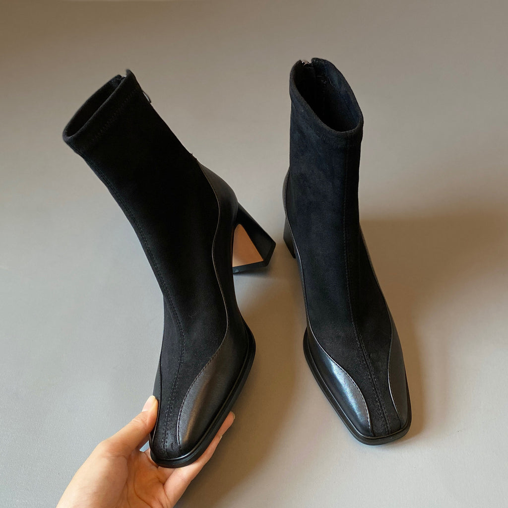 Women's Square Toe Patent Leather Spliced Ankle Boots, Stretch Sock Booties, Chunky Block Heel Back Zip Short Boots, Black Brown Elegant Fall Winter Boots