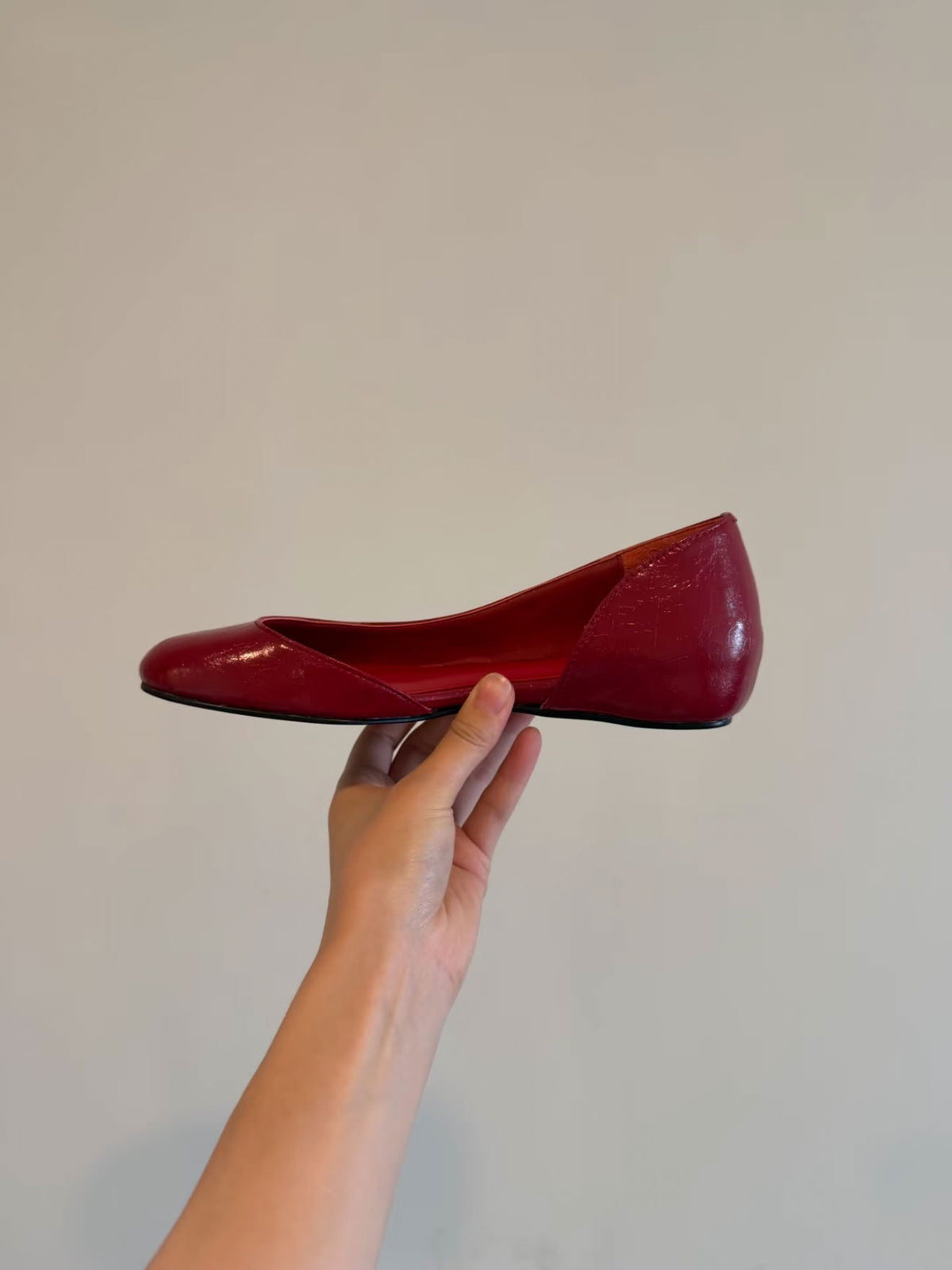 Women's Burgundy Patent D'Orsay Flat Shoes, Round Toe Slip‑On Ballet Flats, Elegant Cut‑Out Side Dress Flats