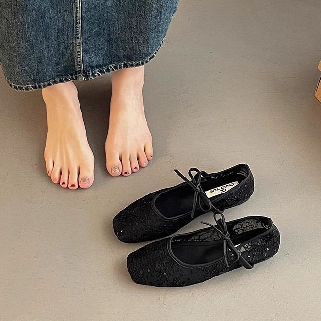 Lace Mesh Embroidered Bow Mary Jane Ballet Flats, Square Toe Strappy Flat Shoes, Elegant Breathable Slip‑On Dress Shoes for Women