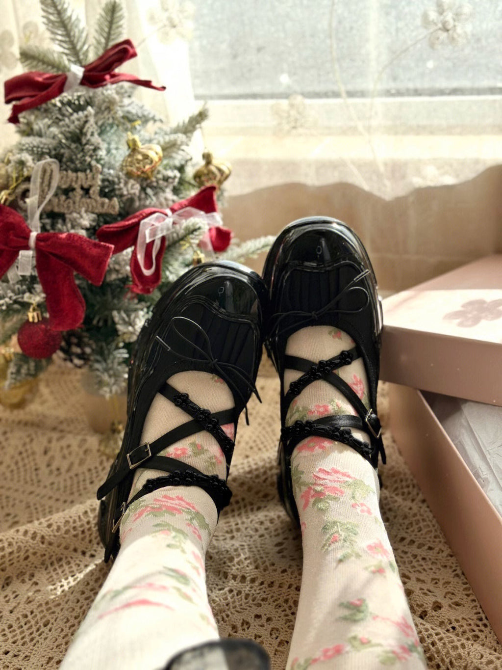Black Chunky Platform Mary Jane Shoes, Beaded Crisscross Straps Bow Ballet Flats with Thick Sole, Gothic Coquette Footwear for Women