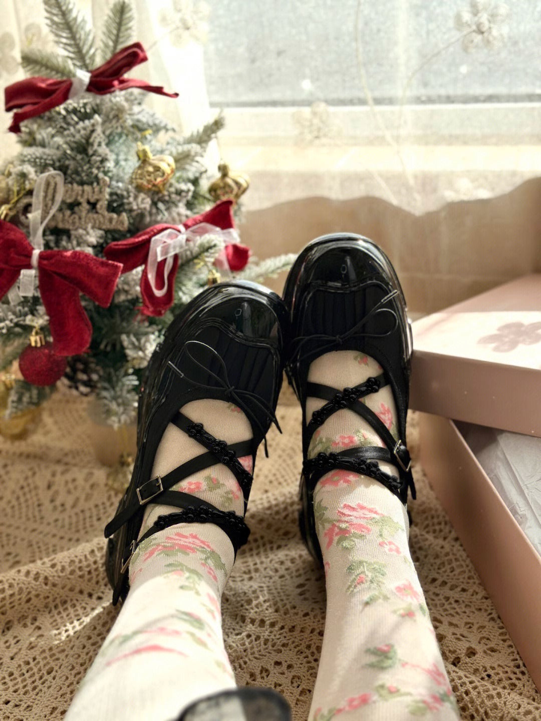 Black Chunky Platform Mary Jane Shoes, Beaded Crisscross Straps Bow Ballet Flats with Thick Sole, Gothic Coquette Footwear for Women