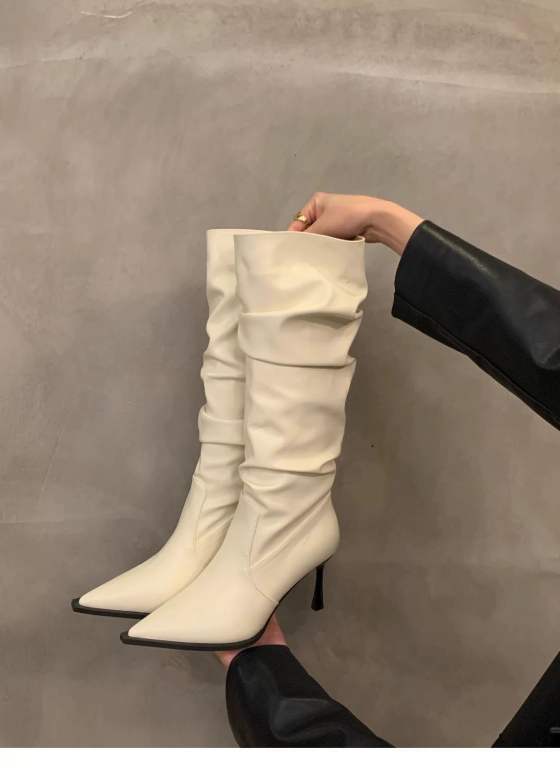 Women's Faux Leather Pointed Toe Knee High Boots, Slouchy Stiletto Heel Tall Boots, Pull On Chunky Thin Heel Dress Boots, Black Off White Khaki Fall Winter Footwear
